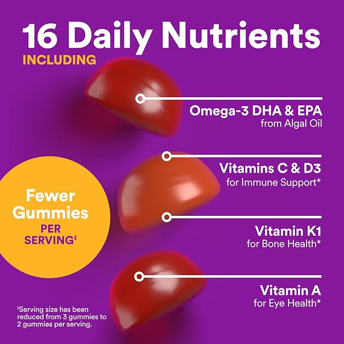 SmartyPants Toddler Multivitamin Gummies, Omega 3 (DHA/EPA), Vitamins D3, C, Vitamin B12, B6, A, K & Zinc, Biotin, Gluten Free, Three Fruit Flavors, 60 Count (30 Day Supply)