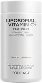 Codeage Liposomal Vitamin C+ Platinum - 1000 Mg Vitamin C Vitamins, Glutathione, NAC (N Acetyl Cysteine), Resveratrol, CoQ10, Rutin, Elderberry, Quercetin, Rosehip, Citrus Bioflavonoids - 180 Capsules