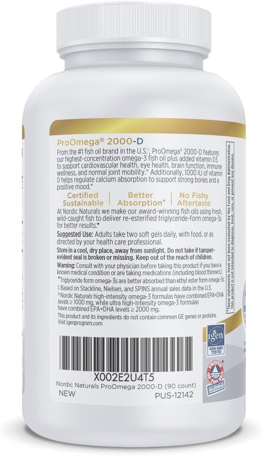 Nordic Naturals ProOmega 2000-D, Lemon Flavor - 90 Soft Gels - 2150 mg Omega-3 + 1000 IU D3 - Ultra High-Potency Fish Oil - EPA & DHA - Brain, Heart, & Immune Health - Non-GMO - 45 Servings