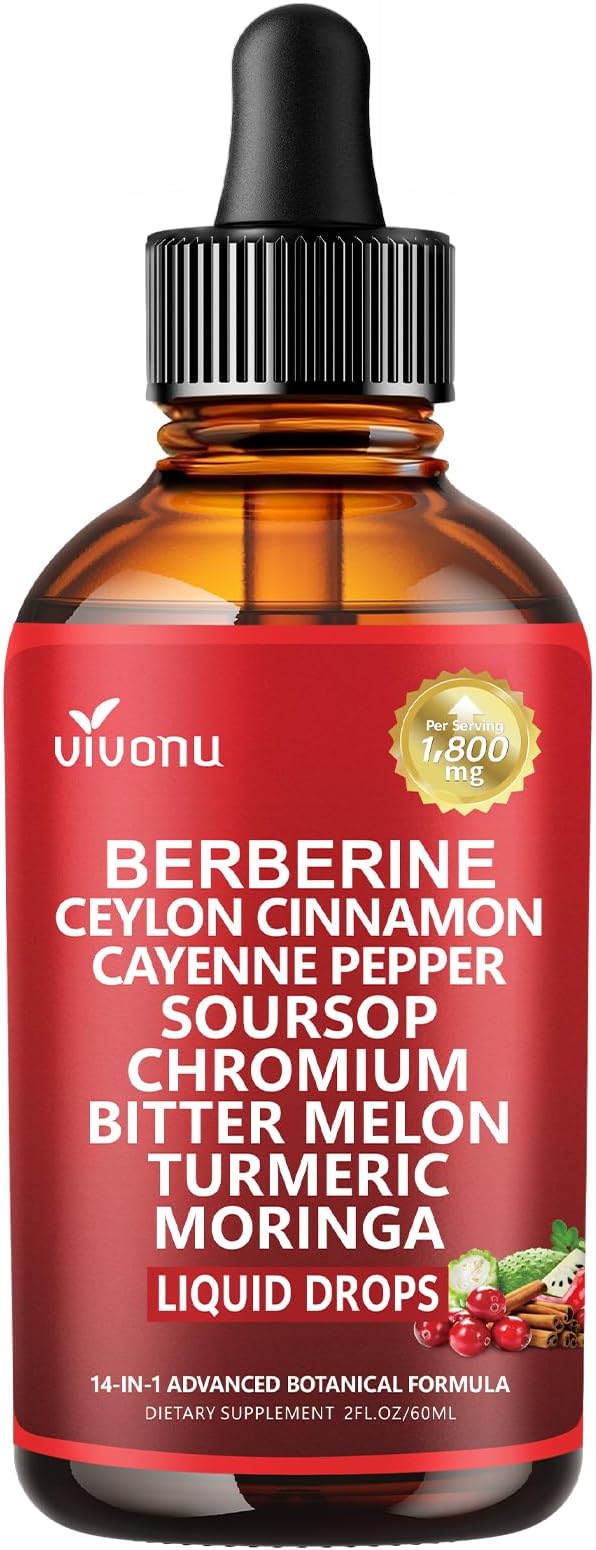 14-in-1 Berberine with Ceylon Cinnamon Supplement Liquid Drops, 1800mg + 30:1 Liposomal Tech with Cayenne Pepper, Soursop, Chromium, Bitter Melon, Turmeric, Moringa, Gymnema, Glucomannan, GLP Support