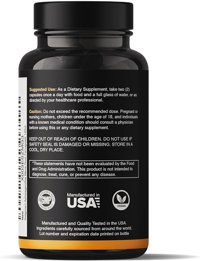 Natgrown Ashwagandha Maca Root Fenugreek Extract Capsules Supplement for Men & Women - Vegan Pills - (120 Count)
