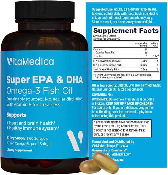 High-Potency, Super EPA/DHA Fish Oil 750mg of Essential Omega-3 Fatty Acids | EPA & DHA | Heart Health, Brain Health, Immune System Health