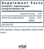 Vital Nutrients Vitamin D 5000 IU - Vitamin D3 Supplement - Healthy Bones, Teeth, Muscles*- Cellular & Immune Function - Calcium Absorption - Gluten, Dairy and Soy Free - 180 Capsules