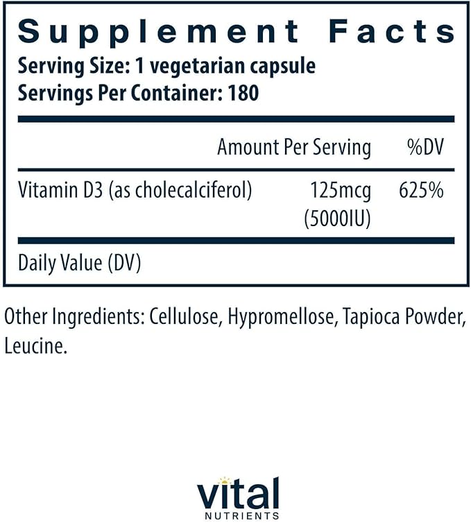 Vital Nutrients Vitamin D 5000 IU - Vitamin D3 Supplement - Healthy Bones, Teeth, Muscles*- Cellular & Immune Function - Calcium Absorption - Gluten, Dairy and Soy Free - 180 Capsules