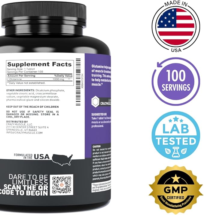 Crazy Muscle Keto Friendly L Glutamine Capsules 1000mg, Post Workout Supplement to Increase Recovery, Decrease Delayed Onset Muscle Soreness, Reinforce Strength Gains & Heal Leaky Gut (100 Pills)
