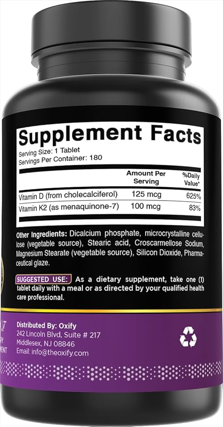 Oxify MK-7 Vitamin K2 100 mcg | 180 Tablets | Gluten-Free, Non-GMO | Supplement Made in USA