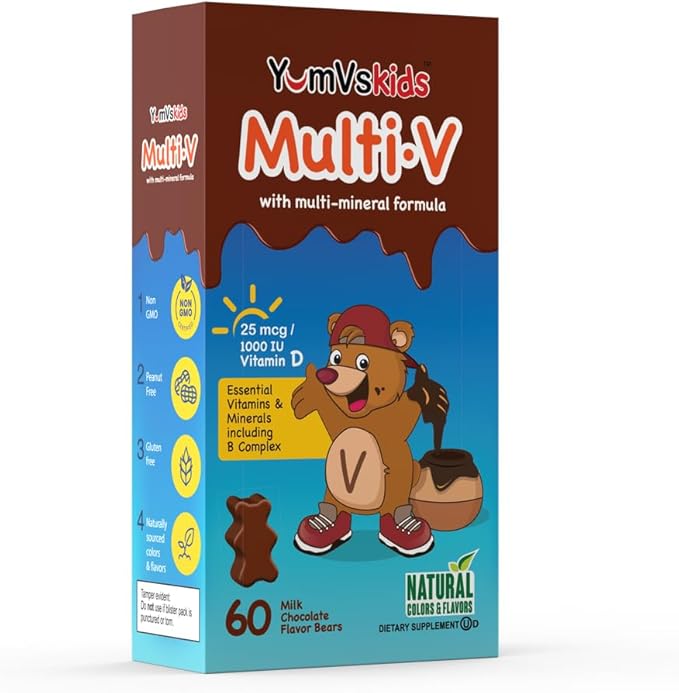 YUM-V'S Kids Multivitamin Chocolate Bears for Immune & Bone Support – 16 Kids Vitamins & Minerals with A, B Complex, Magnesium & Zinc – Daily Toddler Vitamins in Milk Chocolate – 60 Count, Pack of 1