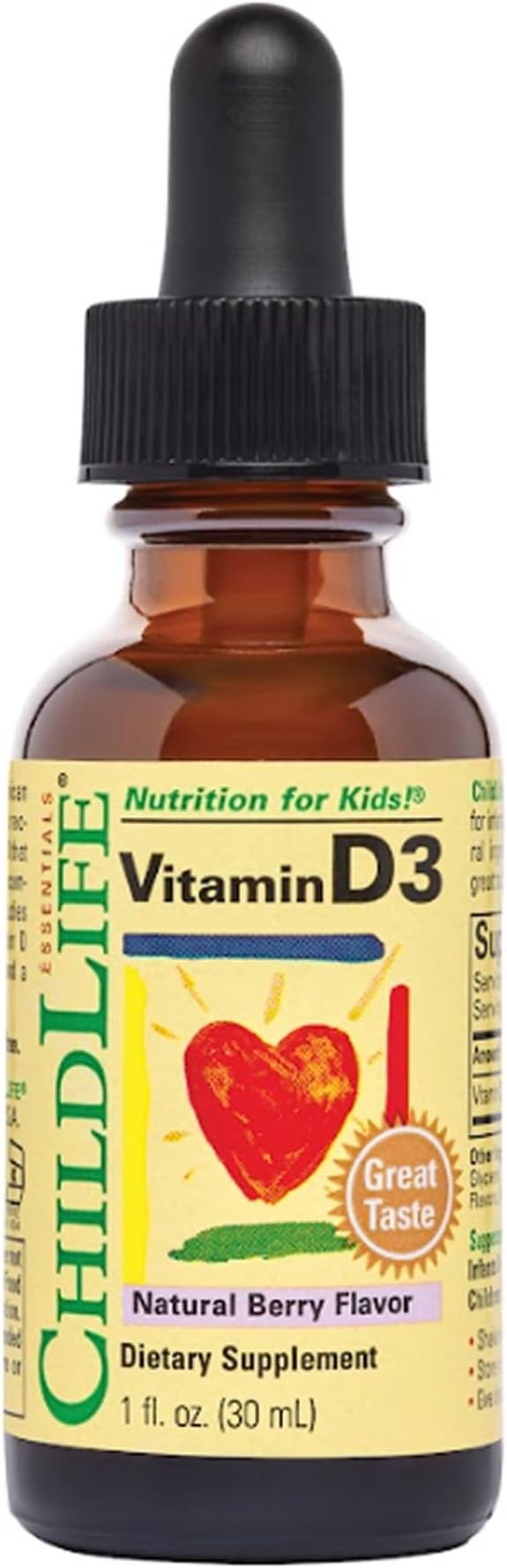 CHILDLIFE ESSENTIALS Vitamin D3 Drops for Kids, Children, & Toddlers - Liquid Vitamin D Drops, 500 IU per Drop, Immune & Bone Health Support, Natural Berry - 1 Fl Oz (Pack of 1)