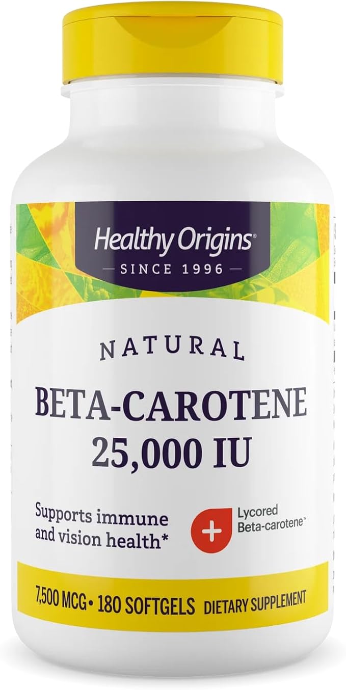 Healthy Origins Beta-Carotene 25,000 IU (7,500 mcg), Provitamin A Supplement for Antioxidant, Eye & Immune Support, 180 Softgels (6 Month Supply), Non-GMO & Gluten-Free