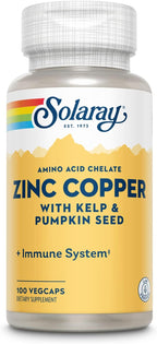 SOLARAY Zinc Copper Amino Acid Chelate - Immune Support Supplement w/Chelated Zinc 50mg - Bone, Skin, Heart Health and Thyroid Support - with Iodine from Kelp, 60-Day Guarantee, 100 Serv, 100 VegCaps