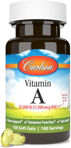 Carlson - Vitamin A, 25000 IU (7500 mcg RAE), Vision & Skin Health, Immune Function, 100 soft gels
