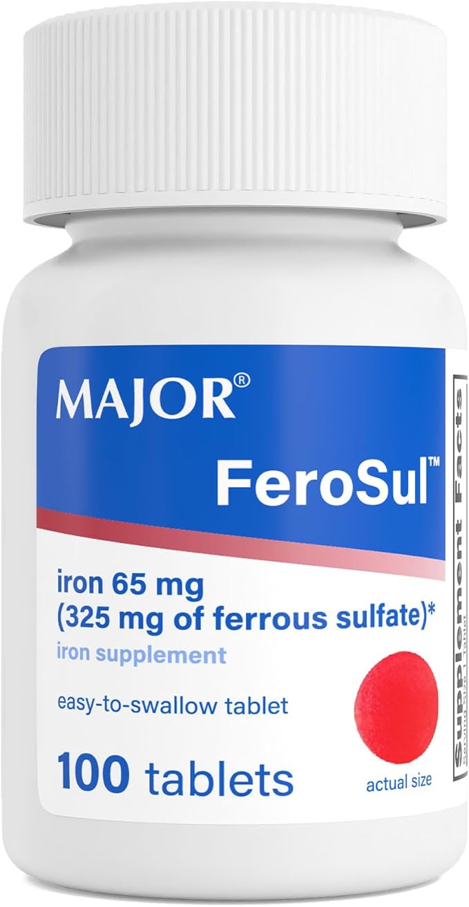 Major Ferosul - Ferrous Sulfate 325mg Tablets with 65mg of Elemental Iron - Iron Supplement for Women, Men - Red - 100 Count