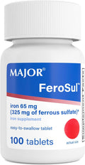 Major Ferosul - Ferrous Sulfate 325mg Tablets with 65mg of Elemental Iron - Iron Supplement for Women, Men - Red - 100 Count