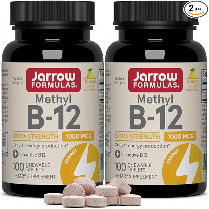 Jarrow Formulas Methyl Vitamin B-12 1000 mcg, 100 Chewable Tablets, Lemon Flavored- Vitamin B12 - Supports Cellular Energy Production, Brain Health & Metabolism - 100 Servings (Pack of 2)