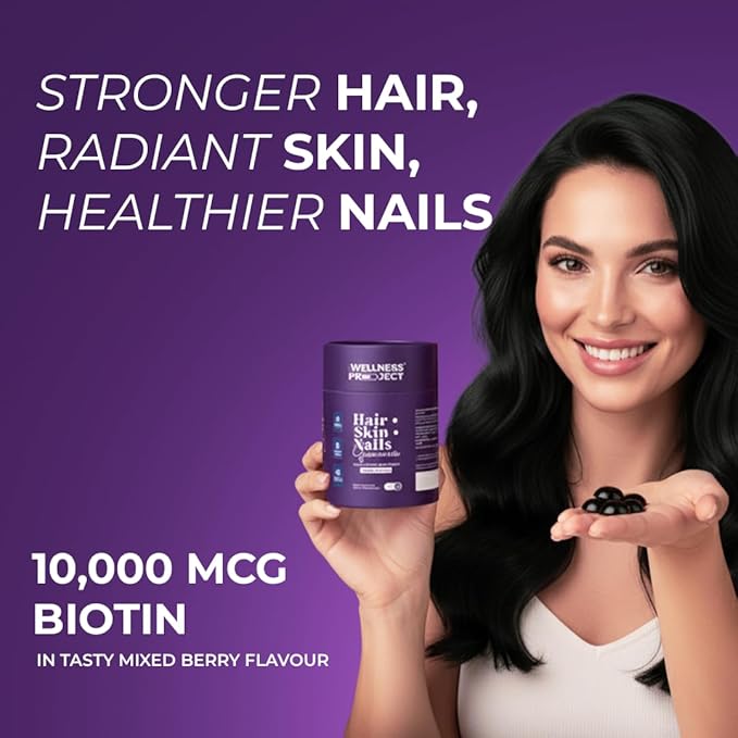 The Wellness Project 14-in-1 Hair, Skin & Nails Gummies with 10,000 mcg Biotin, Keratin, Hyaluronic & Folic Acid, Vitamins A, C, B5, B6 & B12 & Sea Buckthorn | Tasty Mixed Berry Flavor (Pack of 2)