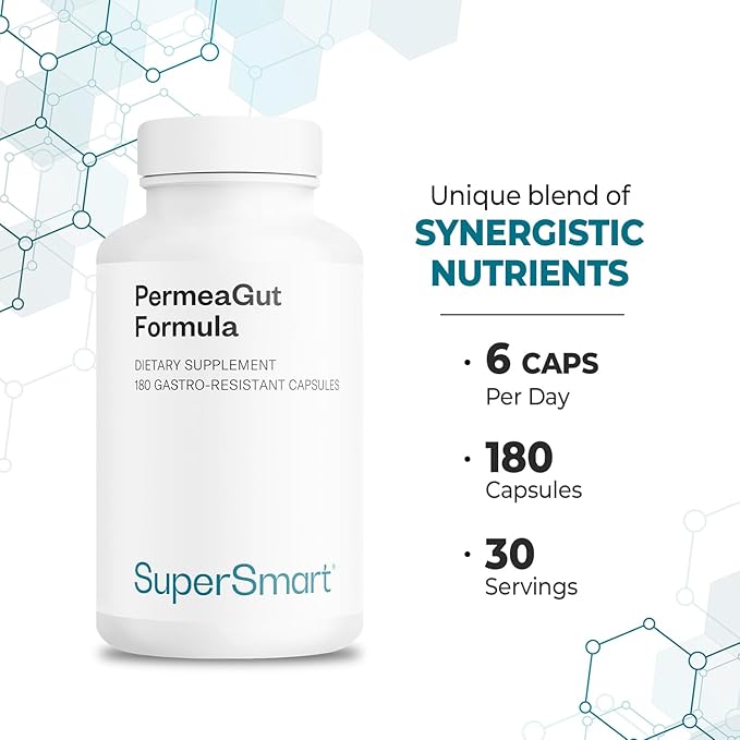 Supersmart PermeaGut Formula (High Potency) - with L-Glutamine, ButiShield Calcium Butyrate, Zinc-L-Carnosine - Gut Barrier Support | Vegan & Gluten Free - 180 Gastro-Resistant Capsules