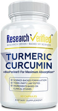 Research Verified Turmeric Curcumin Supplement with Black Pepper (BioPerine) - High Potency Curcumin - Antioxidant, Joints & Daily Wellness - 60 Vegan Turmeric Capsules - Made in USA - 1 Month Supply
