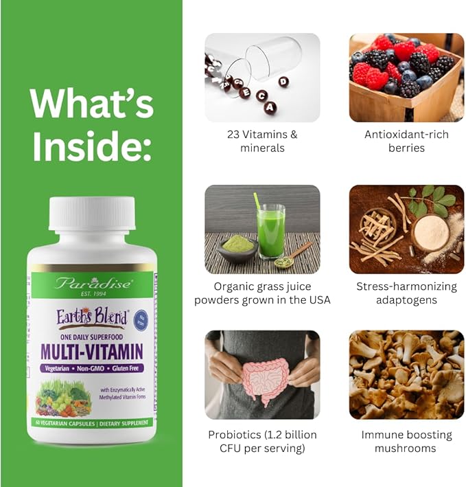 Paradise Herbs Earth's Blend Once Daily Multivitamin with Iron, 48 Organic Superfoods, Probiotics, Antioxidants, Vitamins A, B12, C, D, K2, 120 Capsules