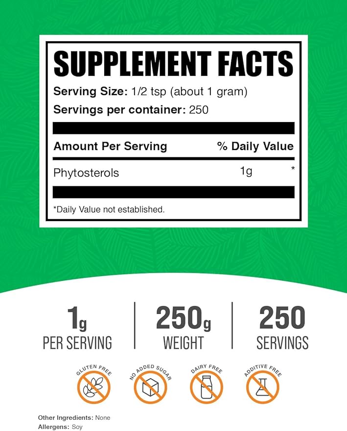 BulkSupplements.com Phytosterols Powder - Phytosterols Supplement, Beta Sitosterol Supplement - Sourced from Soy, Gluten Free, 1g per Serving, 250g (8.8 oz) (Pack of 1)