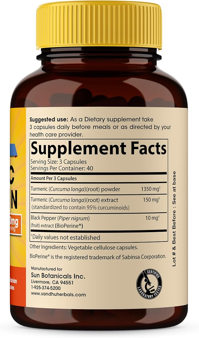 SANDHUHERBALS Organic Turmeric Curcumin 120 Capsules with Bioperine Black Pepper Extract Supplement | 1500mg with 95% Curcuminoids | Immune Support
