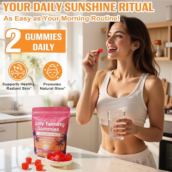 Daily Tanning Gummies - Enhance Natural Tan, Nourish & Protect Skin - with L-Tyrosine & Beta-Carotene - Sun-Free Glow - Watermelon Flavor, 60 Count