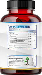 Humming Herbs Sodium Butyrate+ Capsules – 4-in-1 Digestive Support with L-Glutamine + Prebiotic Inulin + Probiotic Blend (10 Billion CFU) – Vegetarian (180)