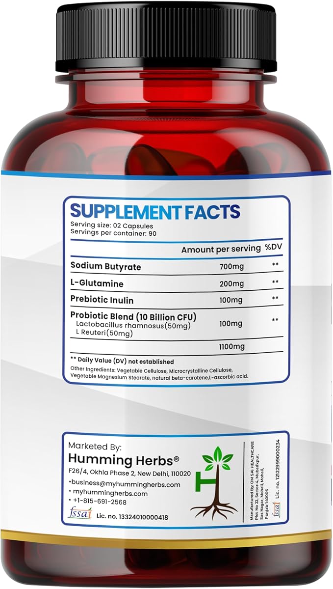 Humming Herbs Sodium Butyrate+ Capsules – 4-in-1 Digestive Support with L-Glutamine + Prebiotic Inulin + Probiotic Blend (10 Billion CFU) – Vegetarian (180)