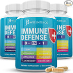 JB Wellness Co Immune Support 8 in 1 Capsules - Zinc Supplement, Vitamin D3, Vitamin C and Elderberry - Immune Booster Supplement with Echinacea, Ginger Root, and Turmeric - [3-Pack, 180 Count]