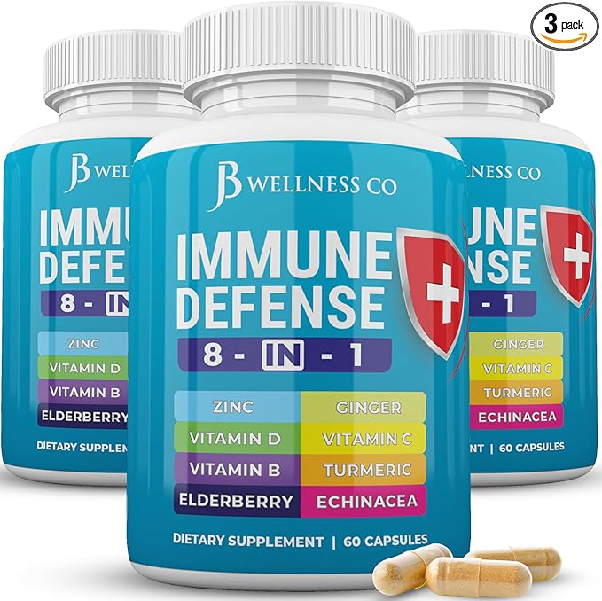 JB Wellness Co Immune Support 8 in 1 Capsules - Zinc Supplement, Vitamin D3, Vitamin C and Elderberry - Immune Booster Supplement with Echinacea, Ginger Root, and Turmeric - [3-Pack, 180 Count]