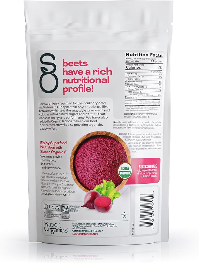 Super Organics Beet Root Powder – Organic Superfood Dietary Supplement, Vegan, USDA Certified Organic, Non-GMO, Gluten-Free, Pure Beta Vulgaris Beetroot, 6 oz