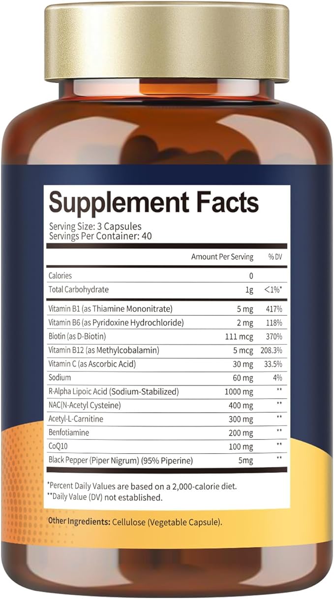 (2 Packs) R Alpha Lipoic Acid 1000mg with Benfotiamine - Sodium ALA Supplement for Neuropathy Support Nerve Health & Antioxidant, Cell Energy, Metabolism and Anti-Aging, Non-GMO, Gluten Free, Vegan