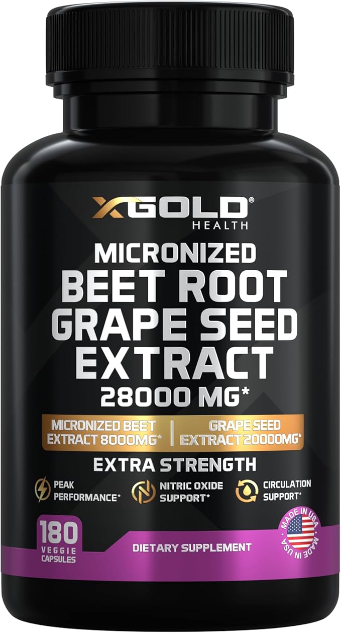 X Gold Health Beet Root Extract + Grape Seed Extract Nitric Oxide Support for Energy & Endurance 95% Polyphenols Non-GMO, Vegan 180 Capsules for Men & Women Made in USA