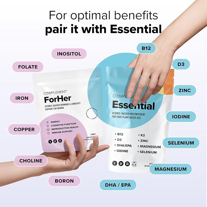Complement ForHer Multivitamin - Hormone Balance for Women (60 Servings) Inositol Supplement, Longevity Support- B9, Iron - 120 Capsules