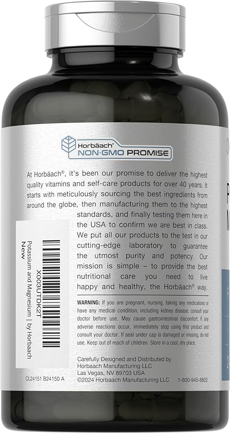 Horbäach Potassium Magnesium Supplement | 240 Capsules | Premium Quality | Non-GMO & Gluten Free