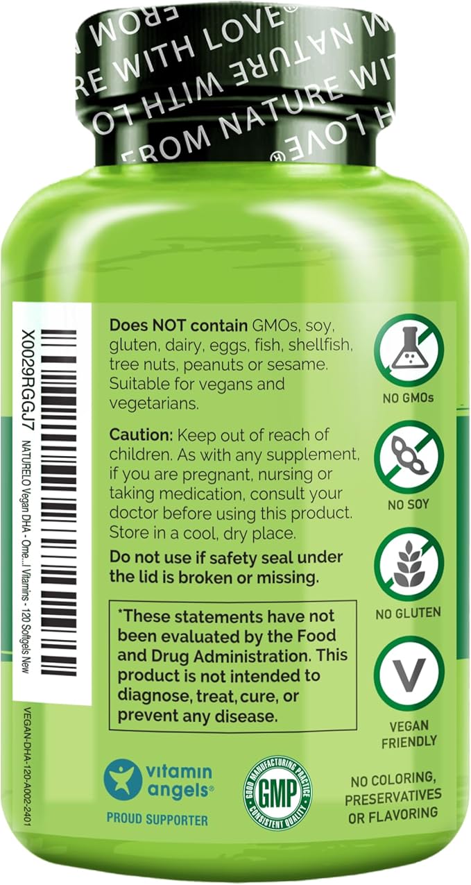 NATURELO Vegan DHA, Vegan Omega 3 Supplement, 120 Softgels, Supports Brain/Heart/Eye Health, Complements Prenatal Vitamins, Essential Fatty Acids, Omega 3 Supplement for Women & Men