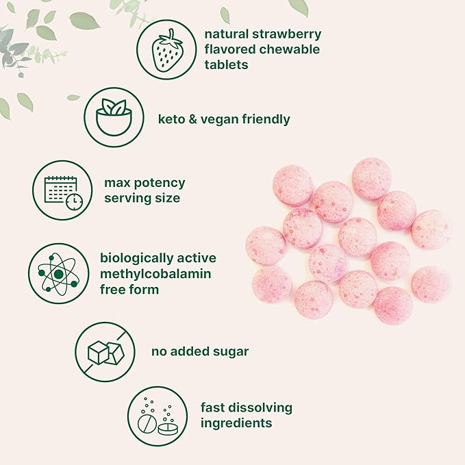 Micro Ingredients Vitamin B12 5,000 mcg | Methylcobalamin – 240 Chewable Tablets | Fast Dissolve, Natural Strawberry Flavor | Vegan, Non-GMO, Gluten Free