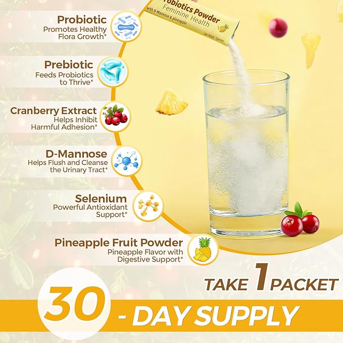 ZEBORA Probiotics for Women Powder, 50 Billion with D-Mannose & Cranberry for Feminine Balance, Urinary Tract & Vaginal Health, Digestive & Immune Boost, Gluten-Free Non-GMO, Pineapple Flavor