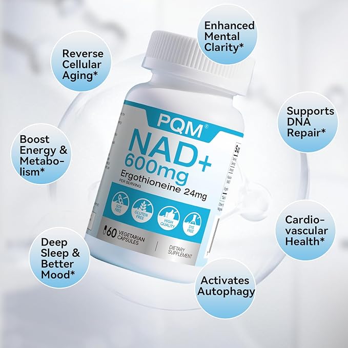 PQM NAD+ 600mg with Ergothioneine 24mg | Supports Cellular Energy, Anti Aging & Vitality | 99% Pure NAD Supplement | 60 Vegetarian Capsules Third-Party Tested