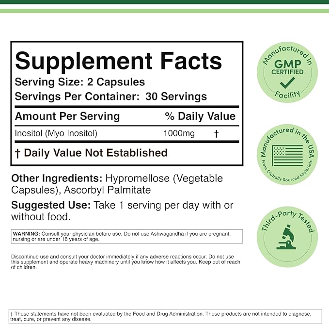 Inositol Capsules (Myo Inositol) 1000mg Health Support for Women (60 Count)(No Fillers, Vegan Safe, Gluten Free) by Double Wood