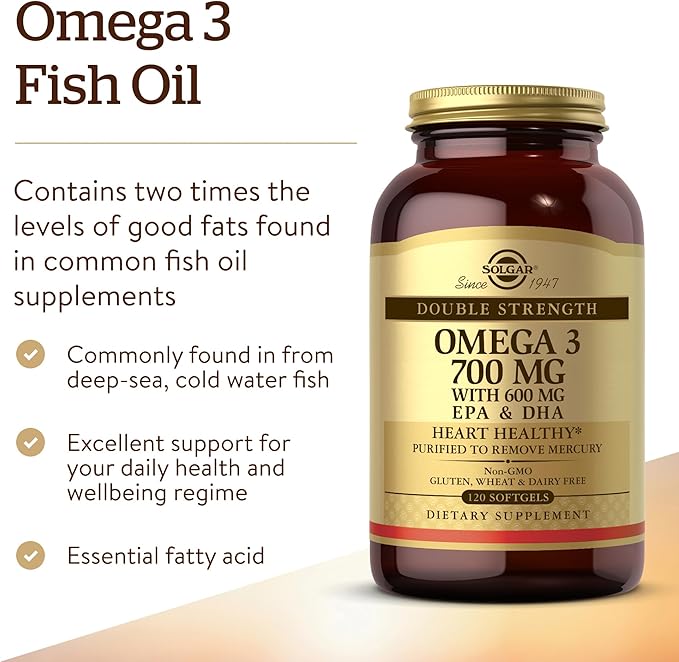 Solgar Double Strength Omega-3 700 mg, 120 Softgels - Fish Oil Supplement - Support for Cardiovascular, Joint & Cellular Health - Contains EPA & DHA Omega 3 Fatty Acids - Gluten Free - 120 Servings