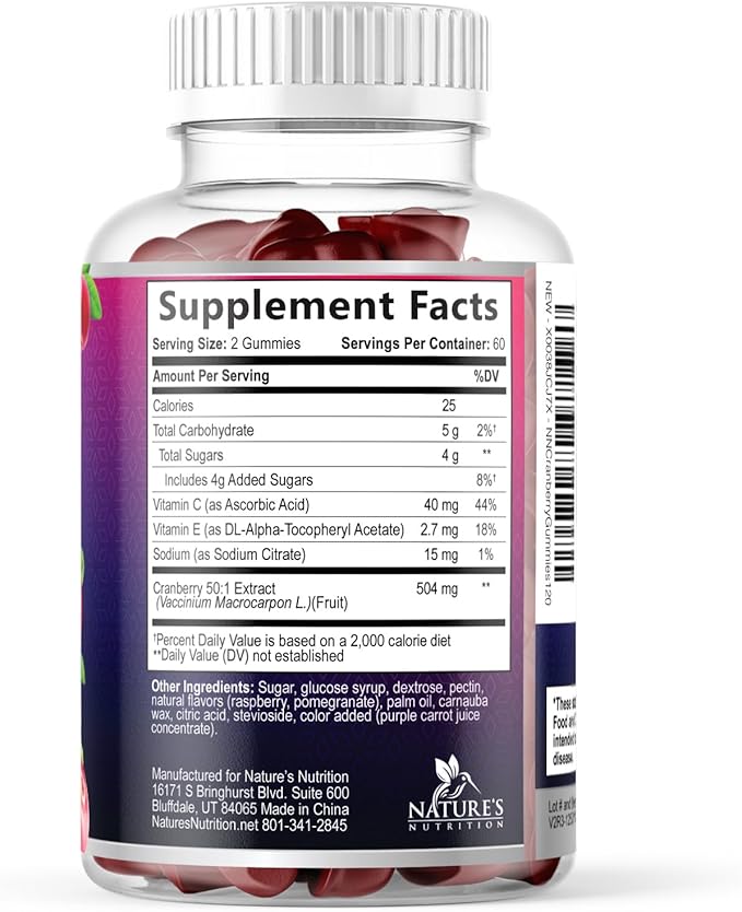 Cranberry Extract 504mg Per Serving - Cranberry Gummies for Urinary Tract Health Support - Helps Cleanse & Protect, Cran Berry Gummy Supplement + Vitamin C, Chewable Cran for Women - 120 Gummies