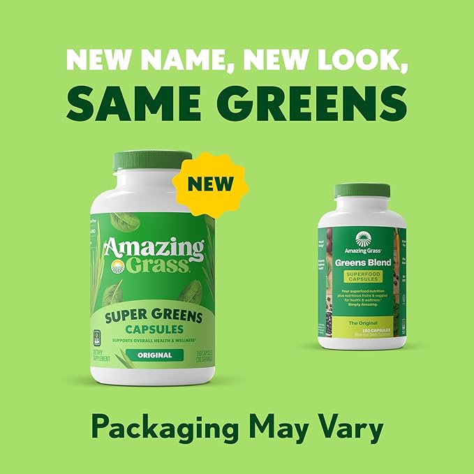 Amazing Grass Greens Blend Superfood Capsules: Super Greens with Organic Spirulina, Chlorella, Beet Root Powder, Digestive Enzymes & Probiotics, 150 Capsules (Packaging May Vary)