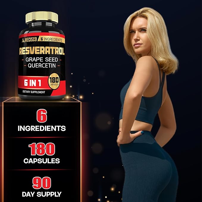 6in1 Trans Resveratrol Supplement with Grape Seed, Milk Thistle, and More - Resveratrol 1000mg - Supports for Immune System, Heart Health, Body Management - 180 Capsules