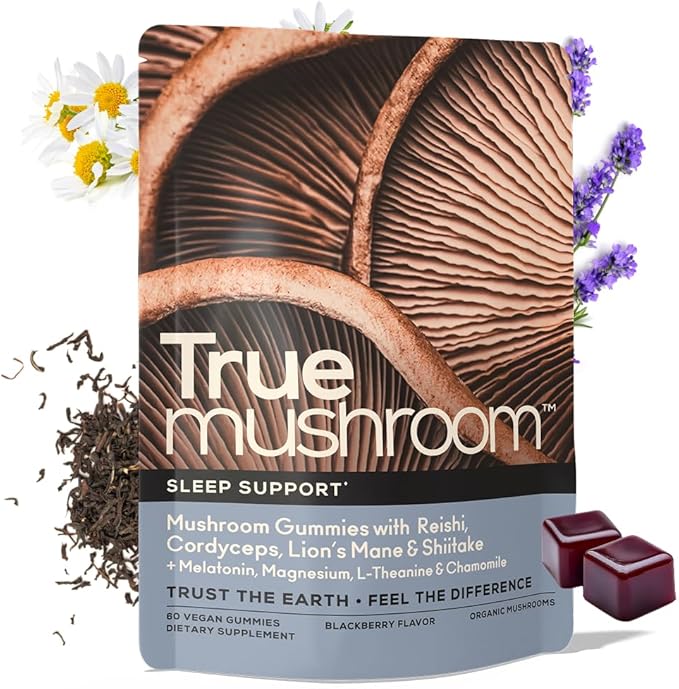 TrueMushroom - Sleep Support Mushroom Gummy Supplement with Melatonin for Sleep and Relaxation with Lion’s Mane, Cordyceps, Reishi, Shiitake. All-Natural, BlackBerry Flavor Gummies (60 Count)