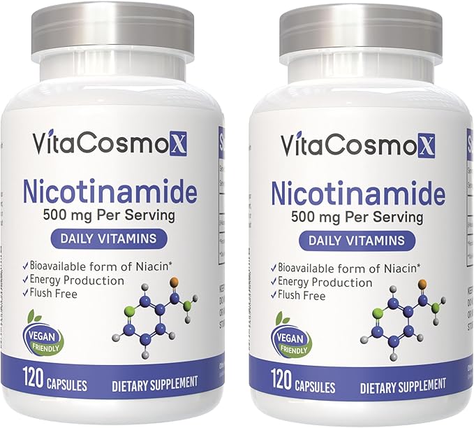 Nicotinamide 500mg Vitamin B3, 120 Capsules - Non-GMO, Gluten Free, Flush Free- 2 Packs
