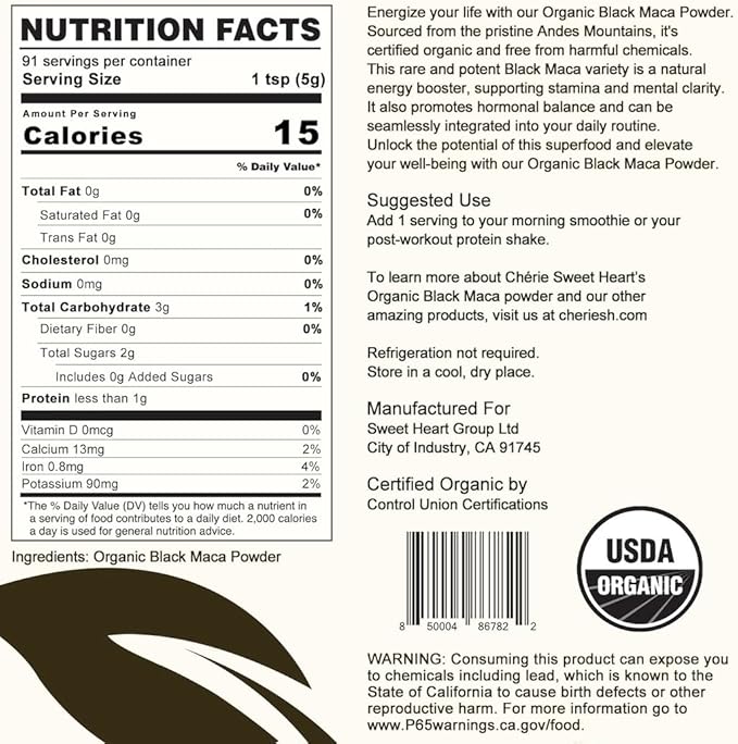 Cherie Sweet Heart's Organic Black Maca Powder, 1 lb, Raw, Gluten Free & Non GMO