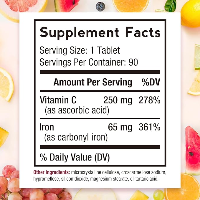 Doctor's Recipes Iron Supplement 65 mg with Vitamin C - Maximized Absorption & Stomach Friendly Iron Pills for Red Blood Cells Formation, Heart, Brain & Immunity Health - Vegan Non-GMO 90 Iron Tablets