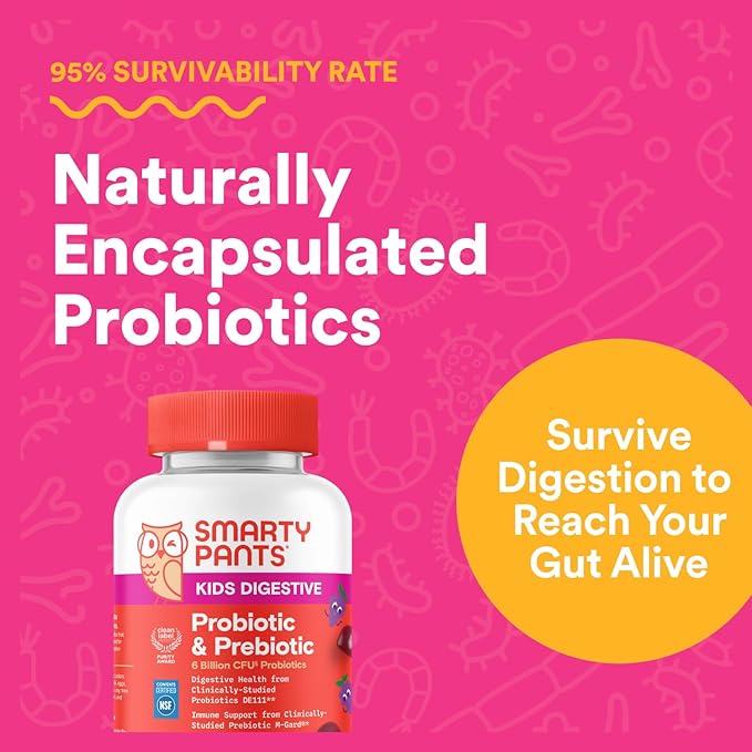 SmartyPants Kids Probiotic & Prebiotic Gummies for Digestive Health: Gut Health Supplement,Clinically Studied Prebiotic for Immune Support,Grape,(30 Day Supply),60 Count (Pack of 2)