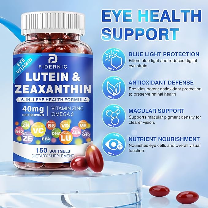 Lutein and Zeaxanthin Supplement - AREDS 2 Plus+ Eye Vitamins, 40 mg Lutein & 8 mg Zeaxanthin with Vitamins C, E, Zinc, Omega-3 & CoQ10 for Blue Light Protection, Eye Health Support  - 450 Softgels