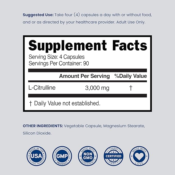 L Citrulline 3000mg Supplement (360 Capsules) Support L Arginine & Nitric Oxide Pills - L-Citrulline For Men & Women - Muscle Recovery & Pump Supplement - 3rd Party Tested, Vegan, Non-GMO - USA Made